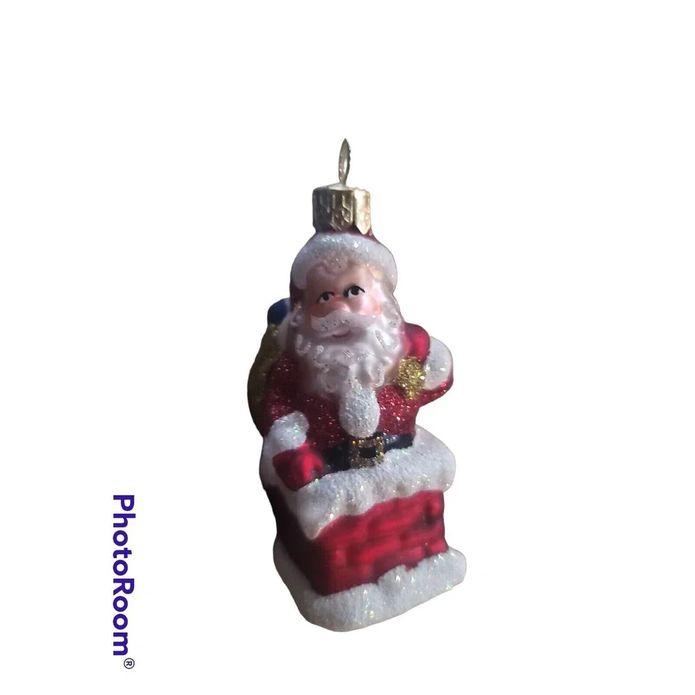 IMPULS CHRISTMAS MOUTH BLOWN HAND PAINTED ORNAMENT SANTA AND CHIMNEY with box